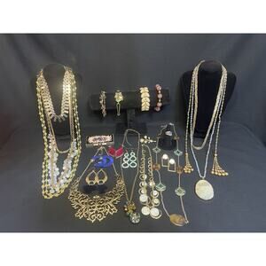Vintage To Now Goldtone Jewelry Lot Necklace Brooch Bracelet Earrings Ring